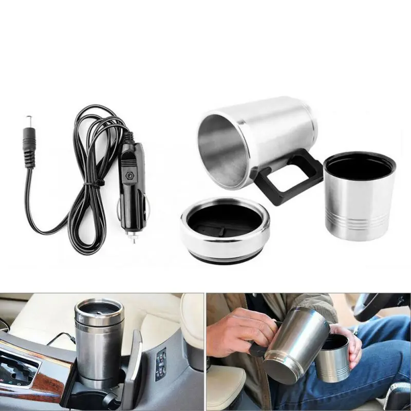 Hot Universal 450ml Electric In-car Stainless Steel Travel Heating Cup Coffee Tea Car Cup Mug for most car cup holders 12/24V