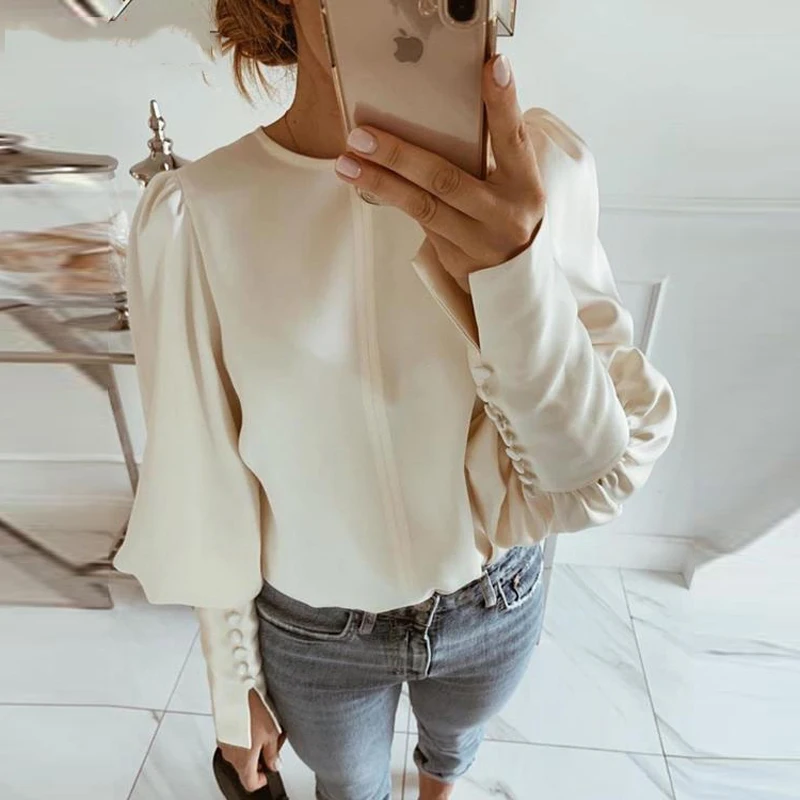 Женская блузка с круглым вырезом и длинным рукавом элегантная повседневная
