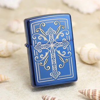

Genuine Zippo oil lighter copper windproof Blue ice Elegant Cross cigarette Kerosene lighters Gift With anti-counterfeiting code
