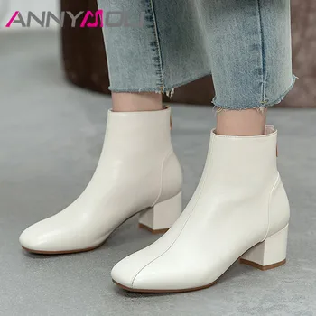 

ANNYMOLI Ankle Boots High Heel Woman Boots Zip Thick Heel Shoes Square Toe Short Boots Female Autumn Beige Brown Large Size 43