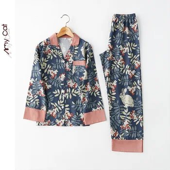 

Elegant Pijama Women Print Pajamas Casual Pyjamas Flower/floral Home Wear Cotton Lingerie Pj Set 2 Pcs Long Sleeve Sleep Set