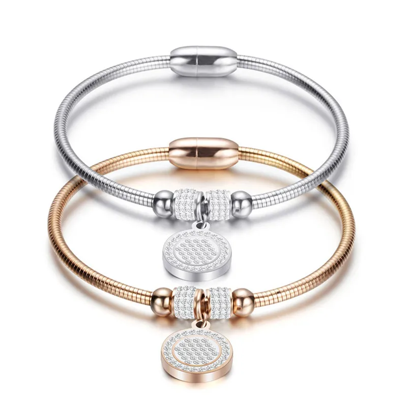 New-High-Crystal-Quality-Bracelet-Bangles-Coin-Magnet-Clasp-With-Snake-Chain-316L-Stainless-Steel-Wedding