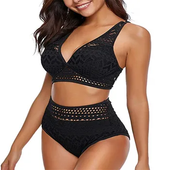 

Women Bikini Set Hollow Out Swimwear Deep V Neck Padded Crop Top Push Up High Waist Swimsuit Bathing Suit Beach Swimwear.