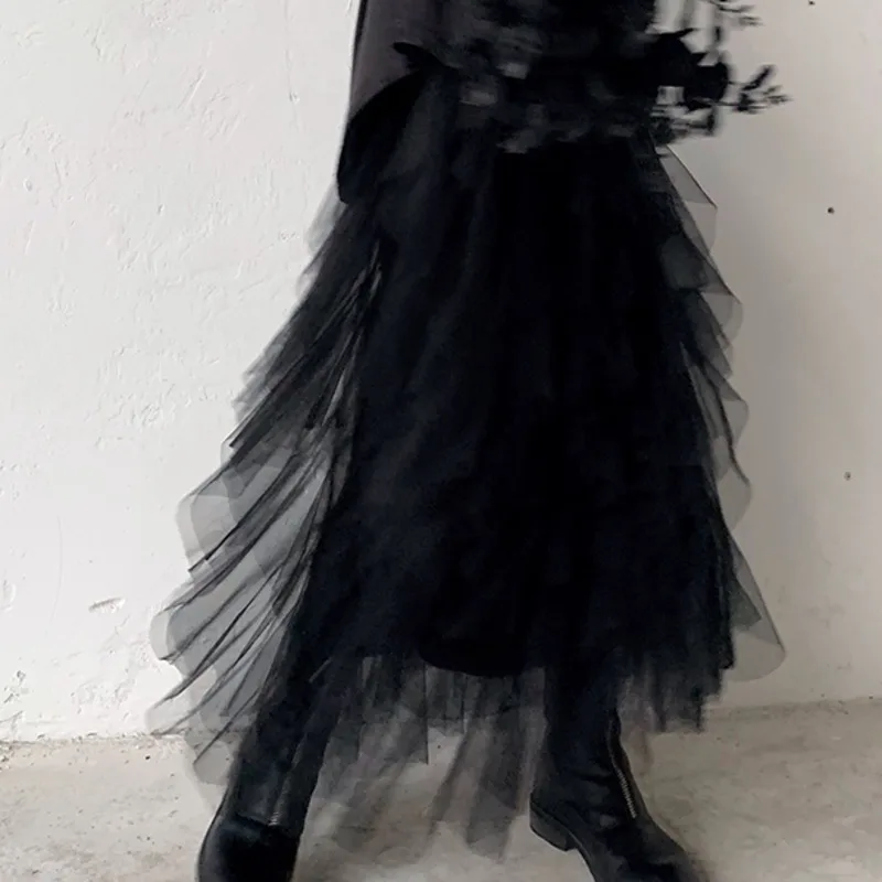 New Fashion Spring Personality Pleated Long Skirt High Waist Network Sand Black Skirts Womens ZA2416