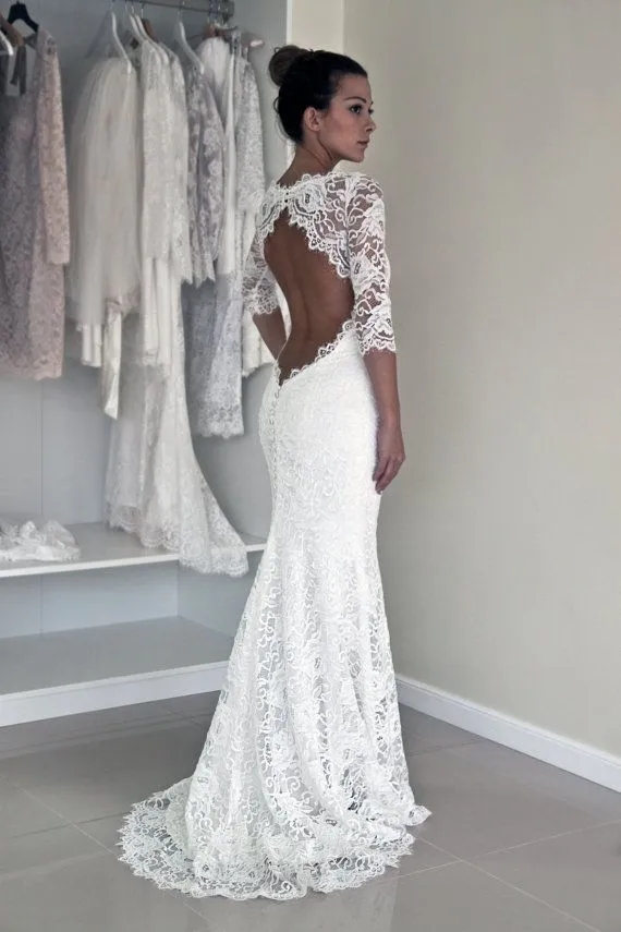 

High Quality Mermaid Lace half sleeves backless bridal gown vestido de noiva custom made 2018 mother of the bride dresses