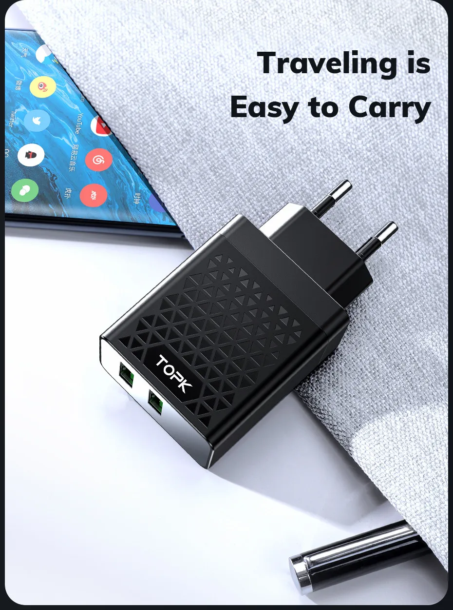 TOPK USB зарядное устройство 2 порта светодиодный цифровой дисплей смарт-зарядное устройство для мобильного телефона для iPhone samsung Xiaomi huawei настенный адаптер для путешествий