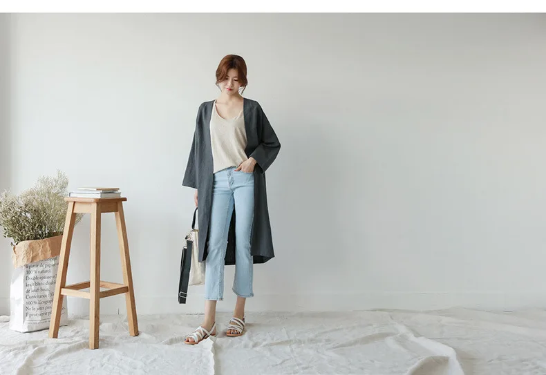 Korean-Style Spring And Autumn New Style Cotton Linen Long-sleeved Cardigan Women's Mid-length Loose Casual Wealthy Flax Collarl