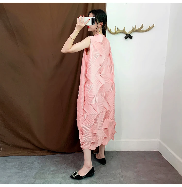 Miyake модное платье со складками со стразами однотонное платье без рукавов со стоячим воротником