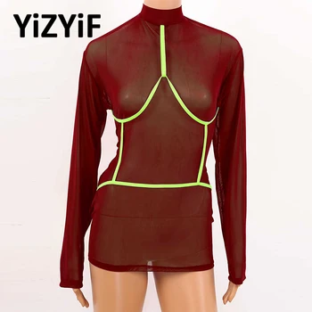 

Sexy Clubwear Women Bodycon Dress See-through Sheer Mesh Dresses High Neck Long Sleeves Mini Dress Night Out Party Tight Dress