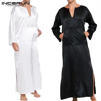 

INCERUN Men Robes Homewear Solid Long Sleeve V Neck Pockets Faux Silk Satin Pajamas Nightgown Cozy Fashion Men Bathrobes S-5XL