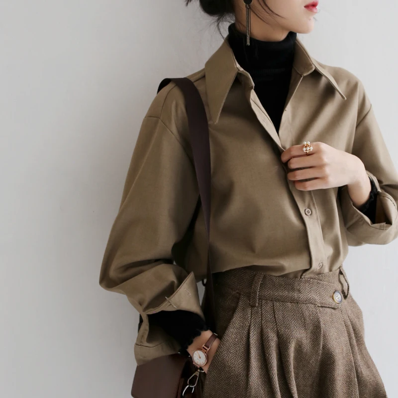 Женская Офисная рубашка с длинным рукавом кофейная однобортная блузка в