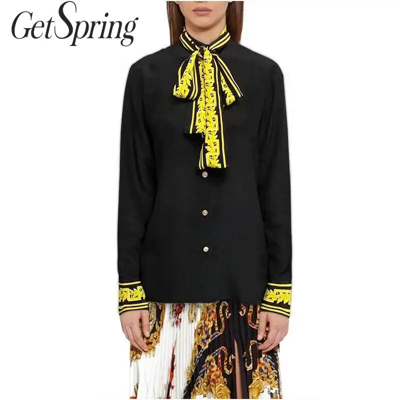 

GETSPRING Women Shirt Bow Embroidery Printing Color Matching Vintage Womens Tops Blouses Long Sleeve Vintage Shirts Women 2019