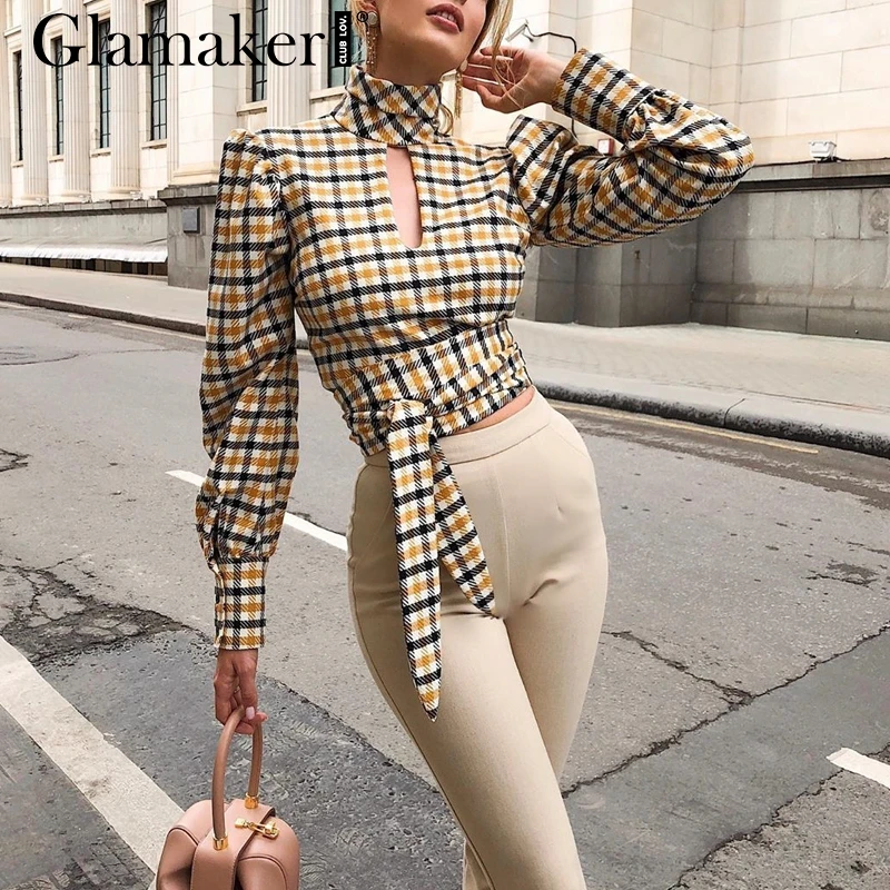Glamaker/винтажная клетчатая рубашка, короткая женская блузка с открытой спиной и длинными рукавами-фонариками, осенне-зимняя пикантная женская блузка