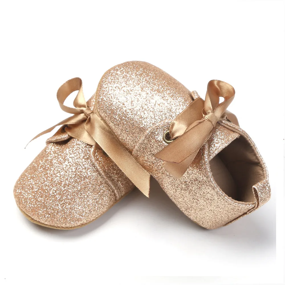 Newborn Baby Shoes Girls Artificial Leather Sequins Leopard Up Slip Lace Bow Tie Hard Rubber Sole Sneaker Bebek Ayakkabi |