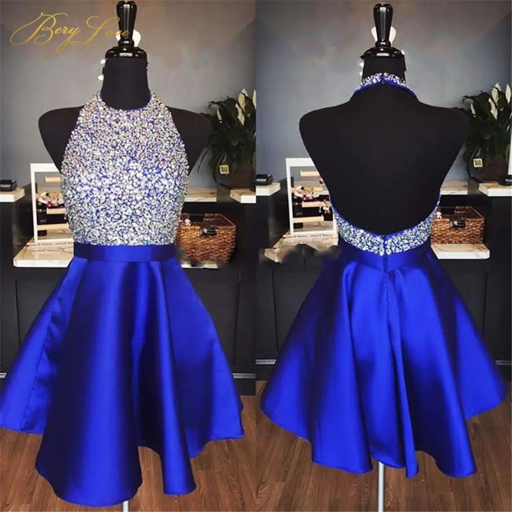 Rhinestone Royal Blue Homecoming Dress Halter Neck Satin A line Skirt Graduation Dress Open Back Sexy Beads Cocktail Gown - Цвет: Синий