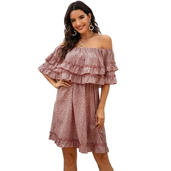 

Women Printed Mini Dress Off Shoulder Layered Ruffles Short Sleeve Boho Summer High Waist Short Dress