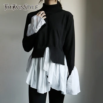 

TWOTWINSTYLE Hit Color Patchwork Women's Sweater Turtleneck Flare Sleeve Side Split Female Sweater 2020 Autumn Oversized Fashion