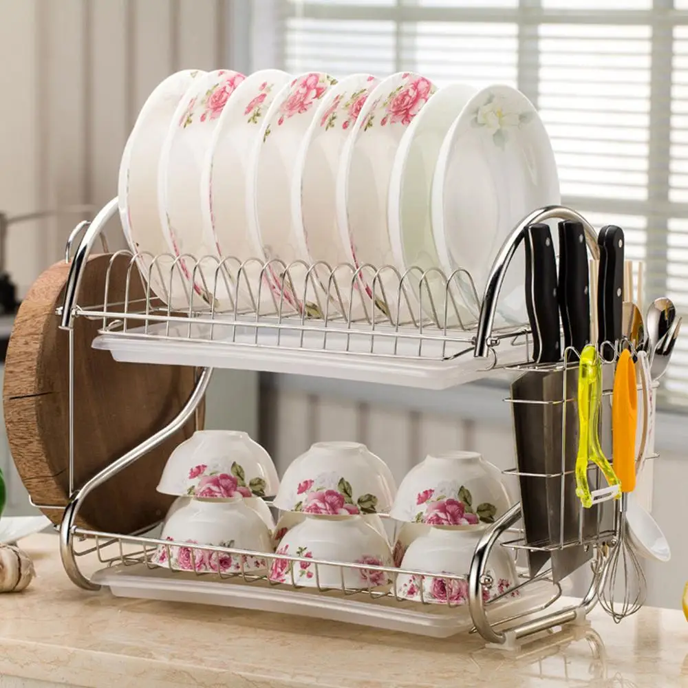 Stainless Steel Dish Bowls Drying Rack Double Layer Plates Chopsticks Drainer Cutlery Dryer Tray Holder Organizer | Дом и сад