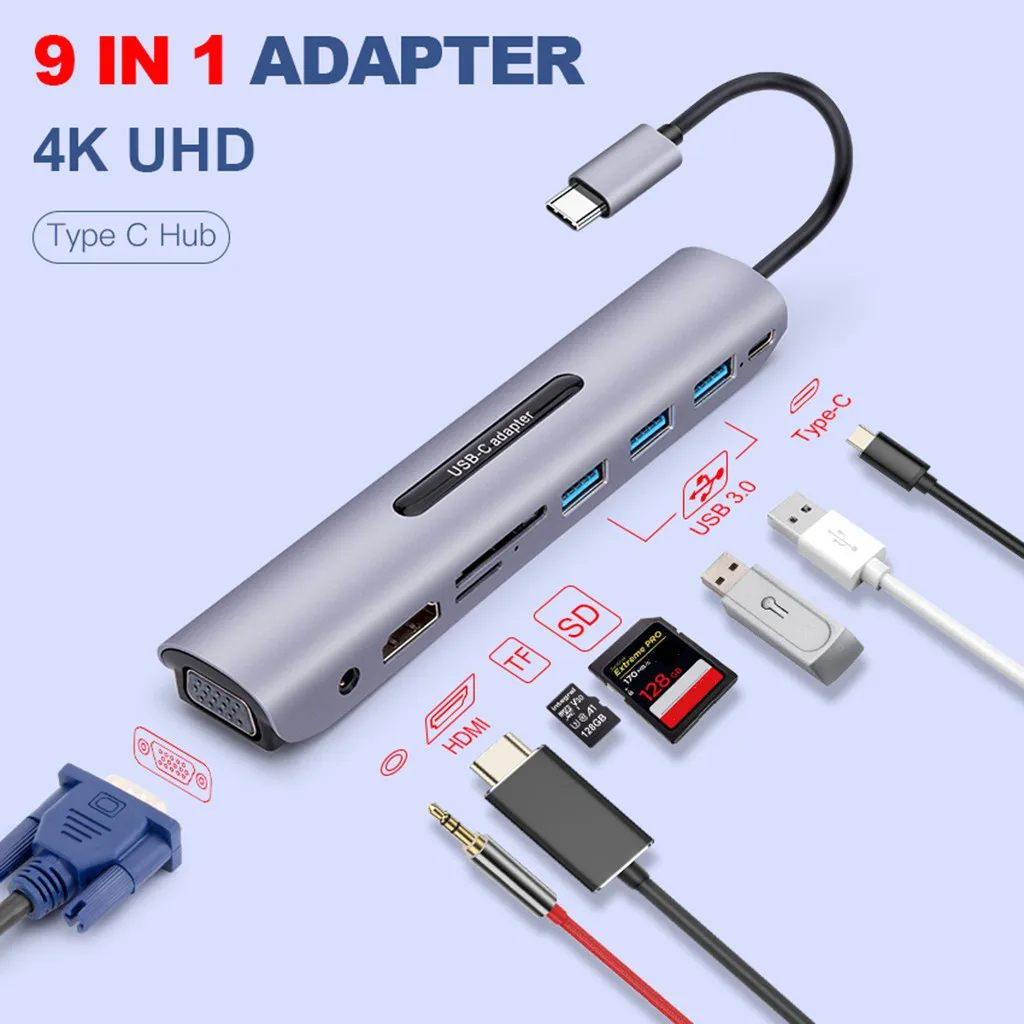 9 в 1 концентратор адаптер USB-C к USB3.0 x3 концентратор TF SD слот HDMI VGA Аудио USB-C PD многопортовый адаптер Тип C конвертер адаптер 19Nov