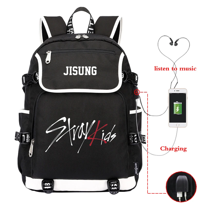 

Stray Kids School Backpack Plecak Szkolny Men's Backpacks BANG CHAN FELIX WOOJIN MINHO MINHO Travel Laptop Bagpack USB Charging