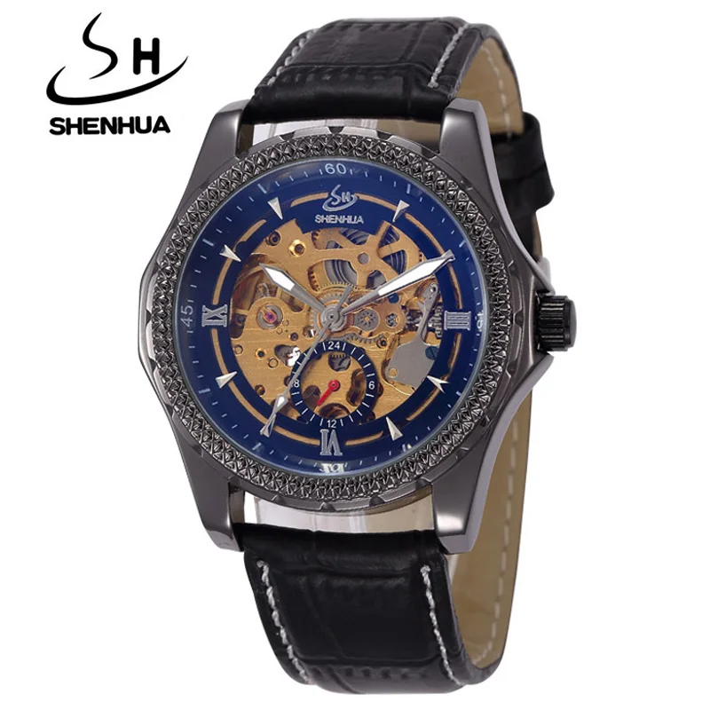 

SHENHUA Men Mechanical Watches Leather Band Automatic Self-Wind Mechanical Watches Men Gear Skeleton Wristwatches montre homme