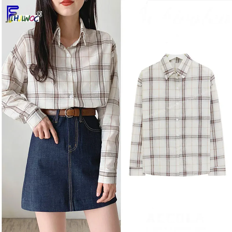 

Fall Autumn Basic Shirts Blosues Hot Sales Woman Fashion Korea Preppy Style Design Long Sleeve Boyfriend Shirt Plaid Top 8301