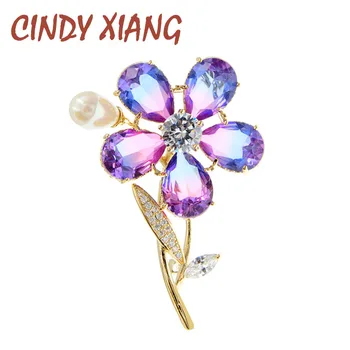 

CINDY XIANG New Arrival Omber Color Cubic Zirconia Flower Brooches For Women Elegant Wedding Brooch Pin 3 Colors Available Gift