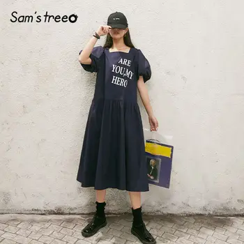 

SAM'S TREE Dark Blue Solid Letter Print Casual Women Milkmaid Dresses 2020 Summer Vintage High Sleeve Korean Ladies Daily Dress