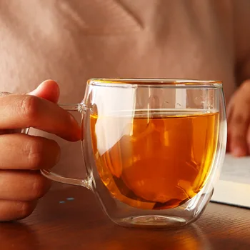 

New 1Pcs 100-400mL Double-layer Heat Resistant Transparent Glass Cup Office Coffee Tea Whiskey Wine Mug With Handle Drinkware