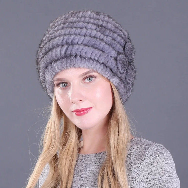 color1 Winter Hat Mink Women Knitted Warm Cap Floral Fashionable Fluffy Elegant Female Genuine Natural Fur Hats - Цвет: color1
