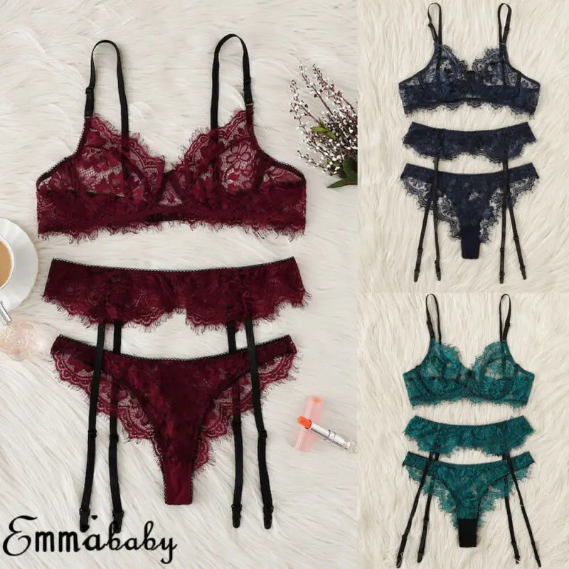 

3pcs Women Sexy Lingerie Set Lace Sleepwear G-String Thong Garter Belt Underwear Exotic Sets
