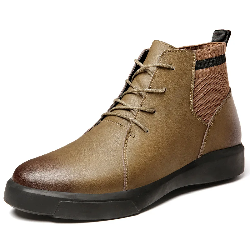 HOKSZVY Men's High Martin Boots Winter Plus Velvet Warm 47 Chelsea Boots Skid Wear-resistant Street Joker Leather Boot - Цвет: khakithick