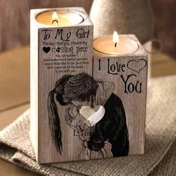 

To my girl 2Pcs/set Heart-shaped Craft Wooden Candle Holder Candlestick Shelf Valentine's Day Decoration Gift Candlesticks Home