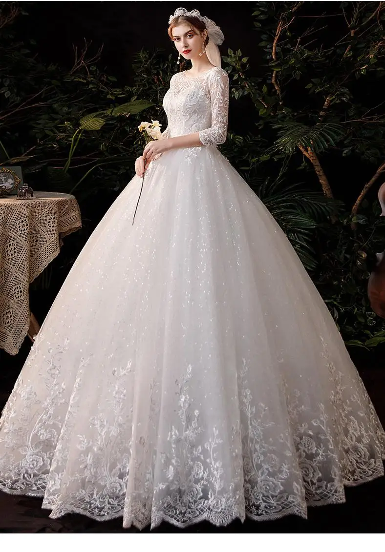 New Sweetheart Three Quarter Elegant Wedding Dress With Sleeve Long Lace Embroidery Train Bridal Gown Plus Size Vestido De Noiva vintage wedding dresses