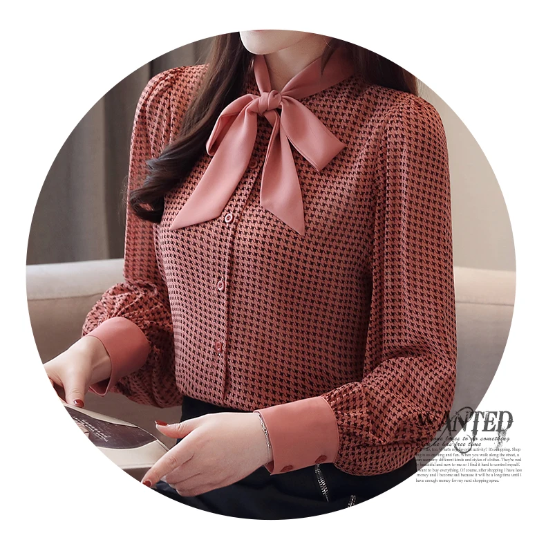 womens tops and blouses long sleeve women shirts fashion bow collor office blouse women plaid chiffon shirt female top Plus size