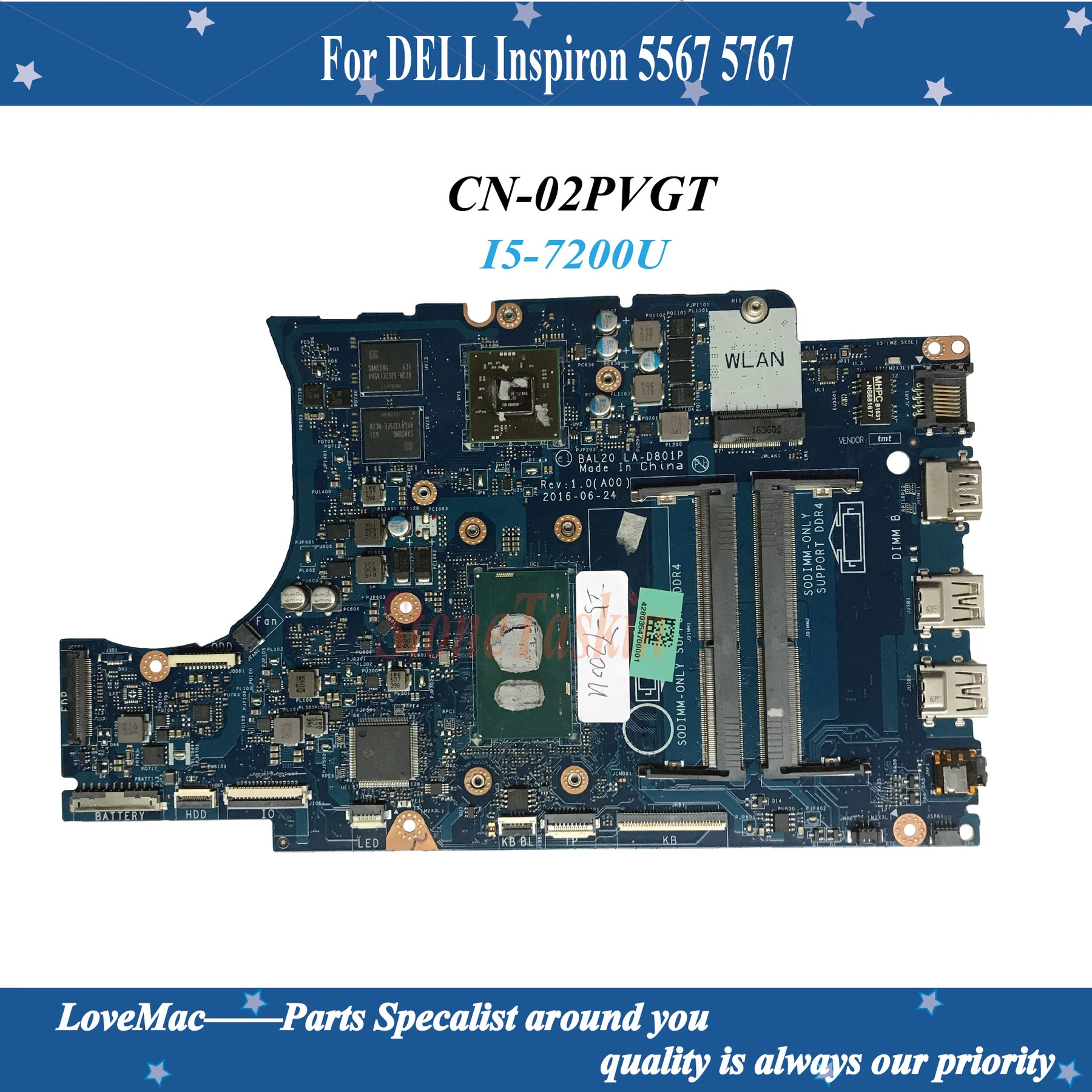 High quality CN-02PVGT For DELL Inspiron 5567 5767 Laptop Motherboard I5-7200U CPU LA-D801P BAL20 0J2PVGT 2PVGT tested | Компьютеры и