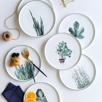 

9INCH MODERN SIMPLE CERAMIC DISH DESSERT PLATE BREAKFAST PLATE CREATIVE WHITE PLANT PATTERN BONE CHINA DINNER PLATE DINNERWARE