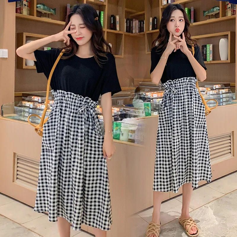 

Maternity Clothes 2019 Summer Wear Cotton T-shirt Joint Plaid Dress Large Size Dress Maternity Dress