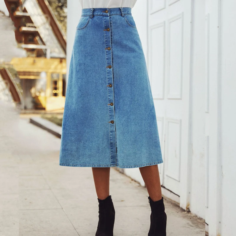 Летняя женская элегантная винтажная длинная юбка s Ретро джинсовая женская вымытая синяя джинсовая юбка с высокой талией женские юбки