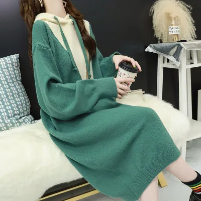 HF19699 Green H. SA ropa mujer invierno свитер с капюшоном платье большого размера длинный свитер Пуловеры Pacthwork вязаная одежда casaco feminino - Цвет: HF19699 Green