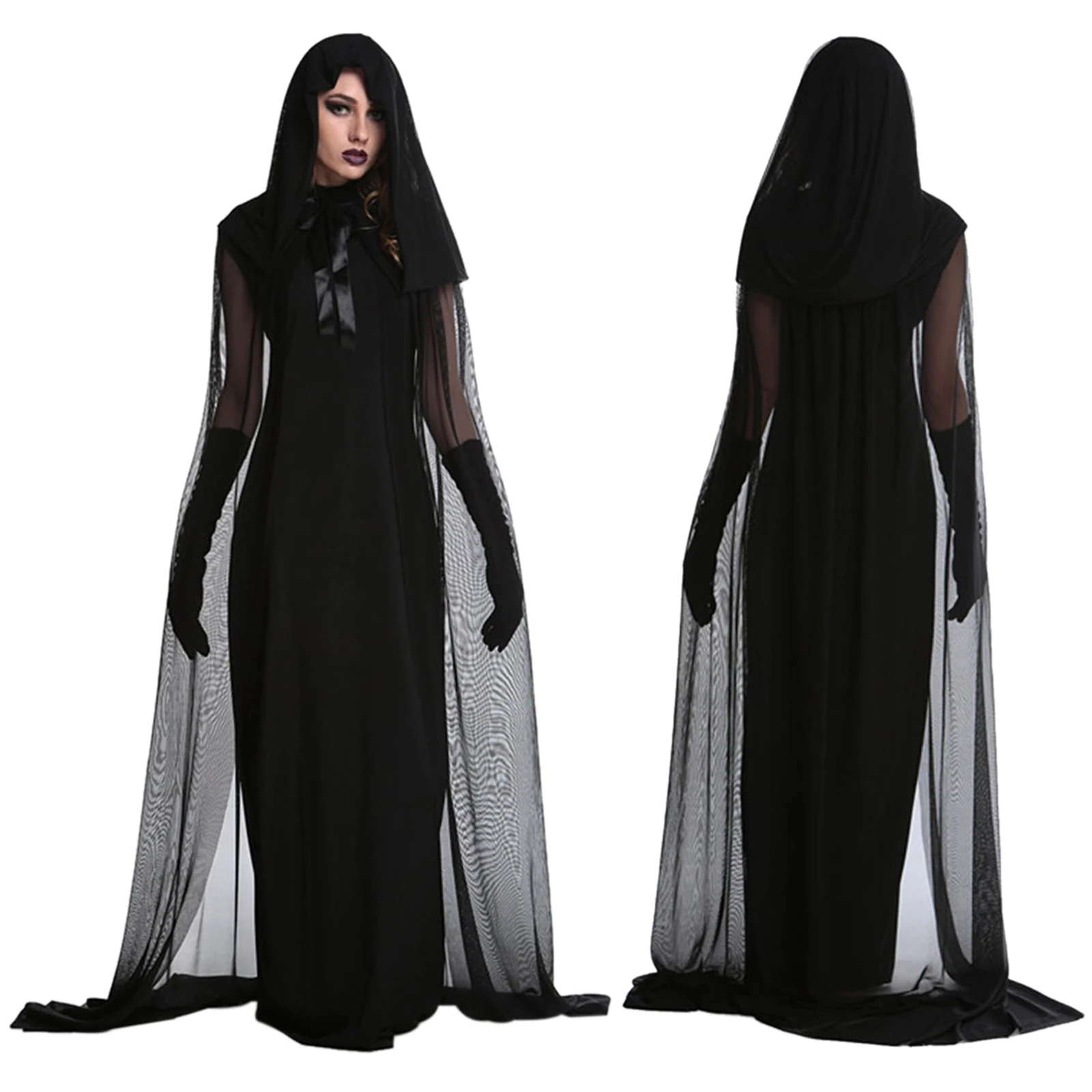

2Pcs Women Cosplay Costume, Solid Color Hooded Mantel Cloak + Slim Long Dress for Halloween Party, Role-Play, Black