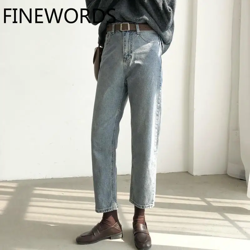 FINEWRODS, свободные, широкие, Повседневные Джинсы бойфренда, женские, высокая талия, джинсы стираного синего цвета, уличная одежда, корейский шик, джинсовые прямые штаны - Цвет: blue