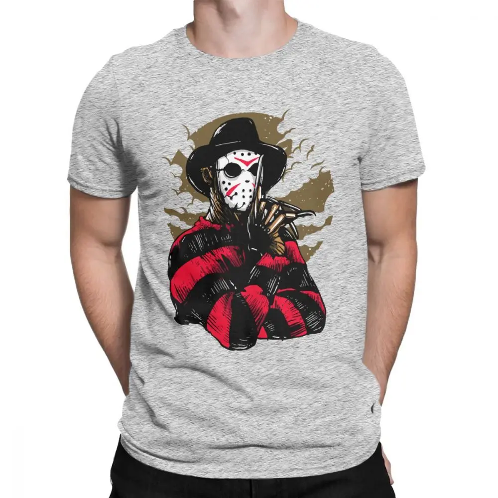 Мужская Футболка Freddy Vs Jason Amazing из чистого хлопка, футболка с коротким рукавом, фильм ужасов, Scary Friday the 13th Voorhees, футболки - Цвет: Серый