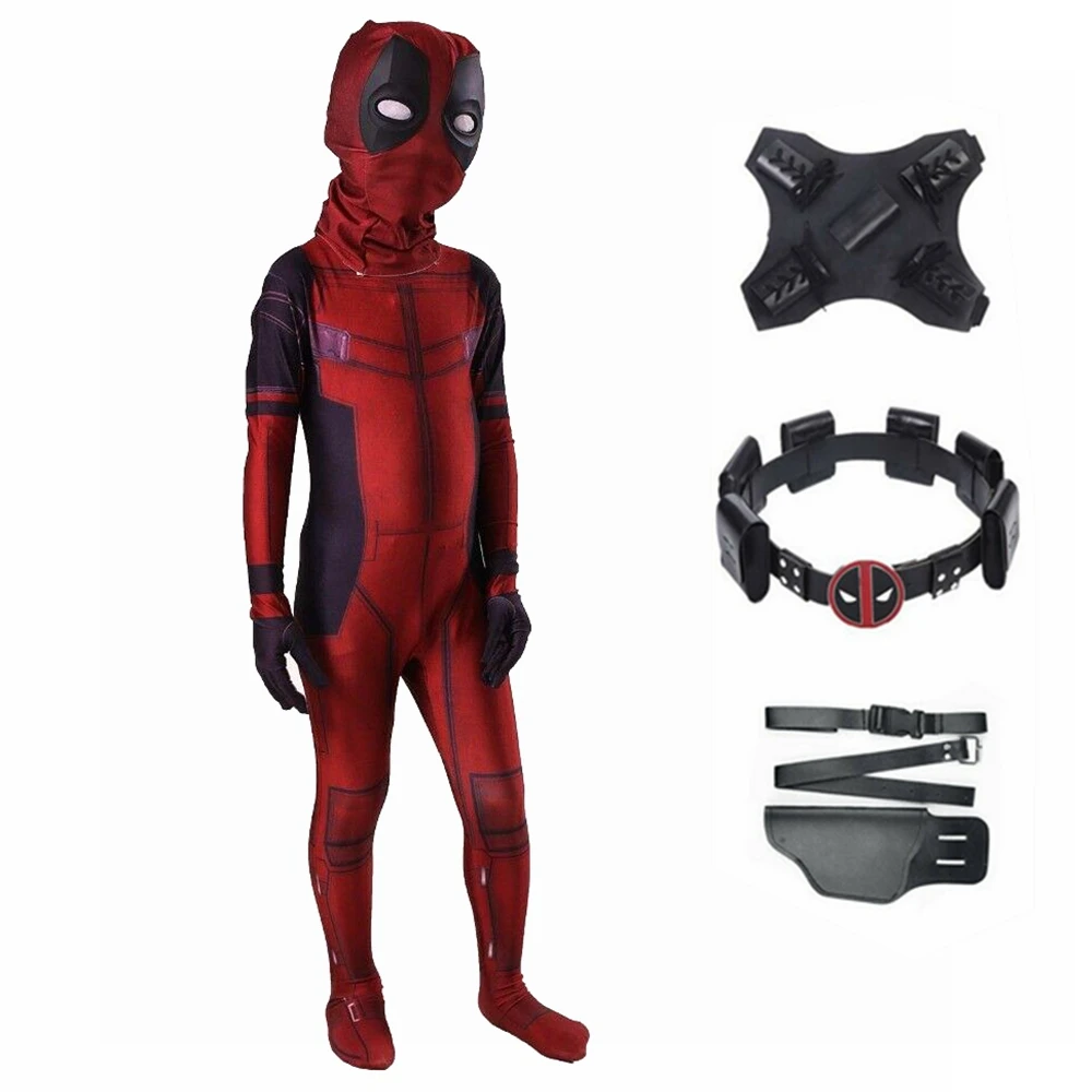 Kids full set Костюм Дэдпула с маской супергероя для детей и взрослых, костюм зентай, полный комплект, карнавальные вечерние костюмы - Цвет: Kids full set