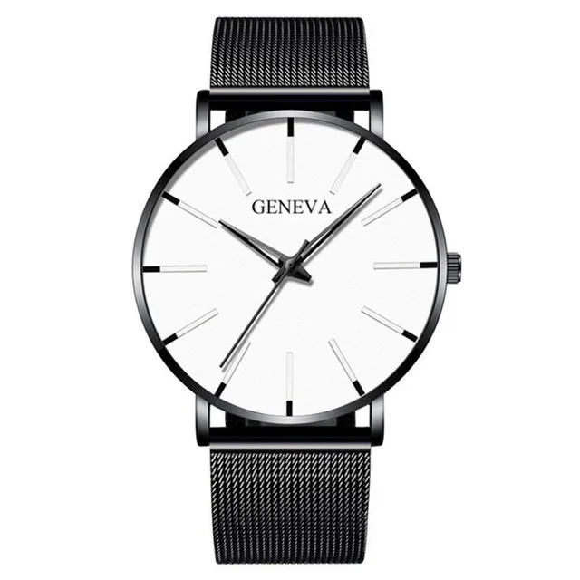 2021 NEW Watch Men Stainless Steel Mesh Belt Quartz Minimalist Ultra Thin Watches Men's Sports Leather Watch relogio masculino Mesh Black White