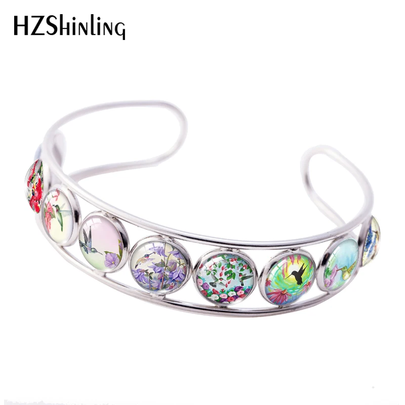 2020 New Hummingbird Painting Cuff Bracelet Bird Flowers Bracelets Round Picture Glass Dome Jewelry Gifts Girl | Украшения и
