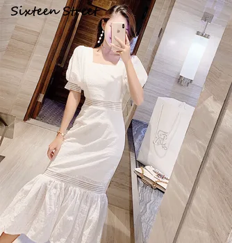 

2020 New Summer Puff Sleeve Dress Woman Square Collar White Solid Casual Trumpet Dress Female for Party Short Sleeve Vestido
