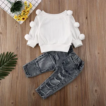 

Pudcoco Toddler Baby Girl Clothes Solid Color Hair Ball Sweater Tops Ripped Denim Long Pants 2Pcs Outfits Cotton Clothes Set