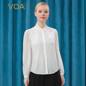 

VOAsilk 30mm milk white stand collar wood ear yellow thread decorative single row twist button impact Long Sleeve Shirt BE312