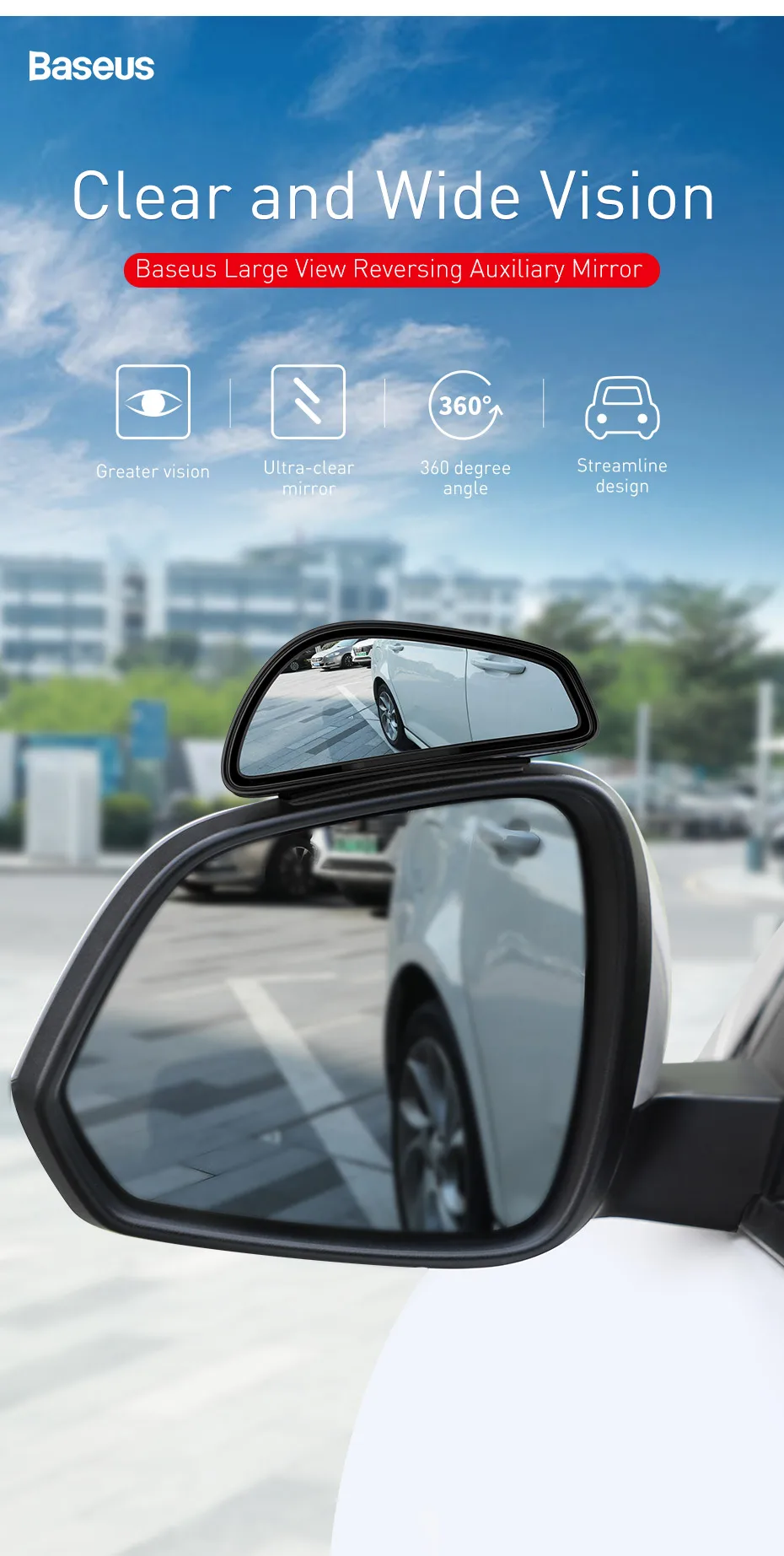 Baseus 1 Pair Car Blind Rearview Auxiliary Mirror High-Definition Large View Wide Angle Rear View Blind Spot Mirror